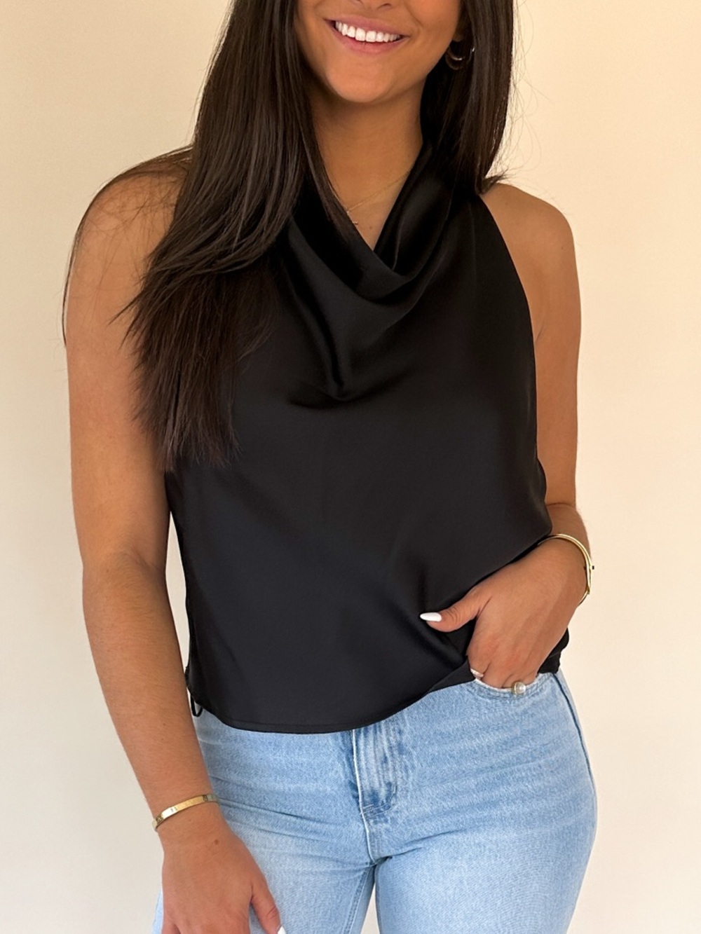 Black Satin Cowl Neck Sleeveless Top